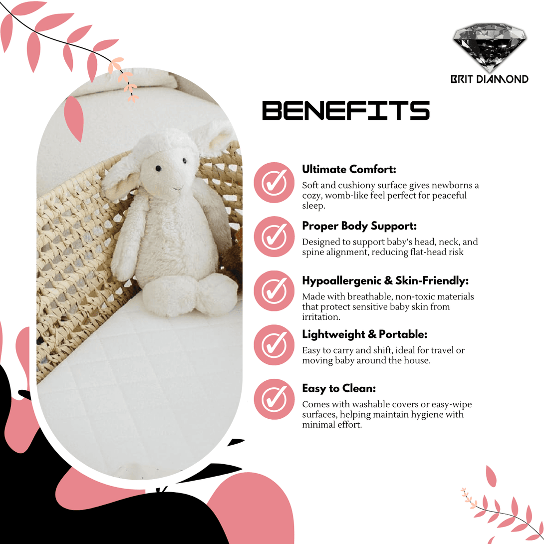 Premium Baby Moses Basket Foam Mattress | Soft, Breathable & Safe for New-borns - BRIT DIAMOND