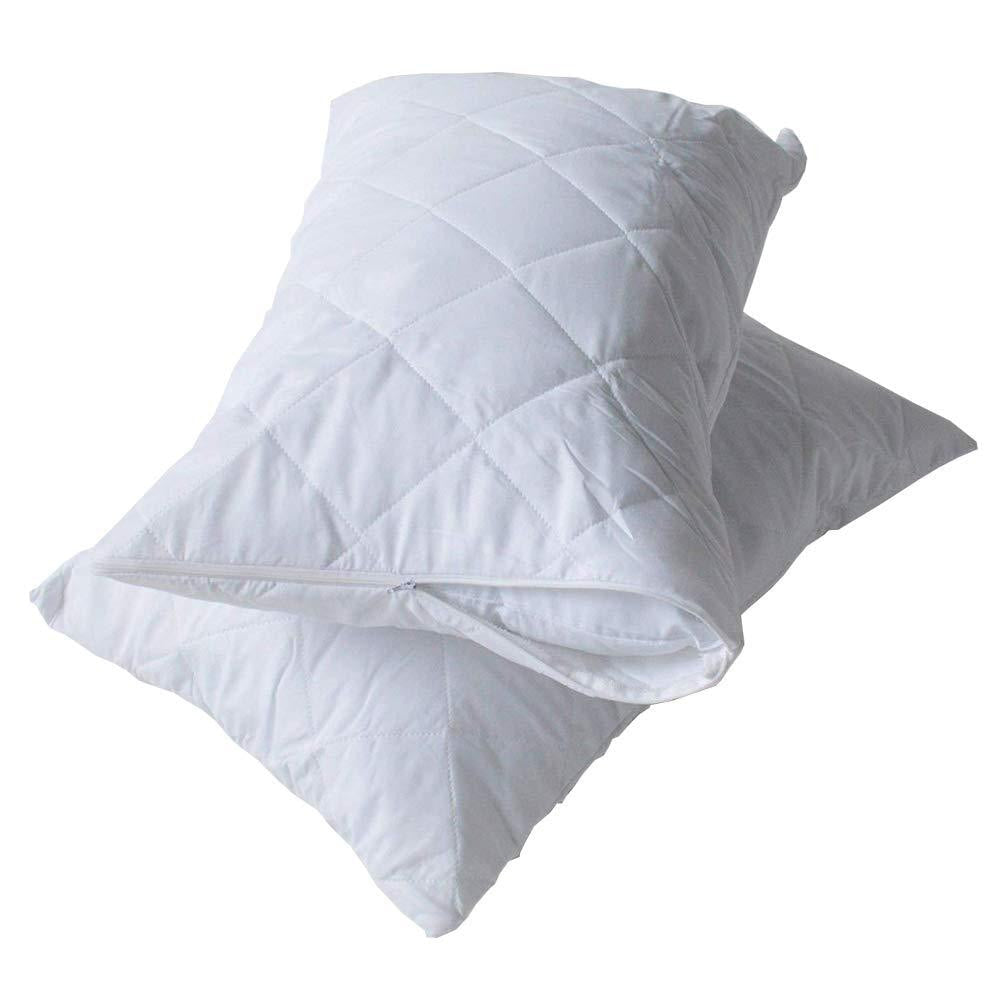 Two BRIT DIAMOND Extra Deep 100% Waterproof Quilted Mattress Protectors, featuring diamond patterns and machine washable covers, are stacked on a plain white background. One protector shows a partially open zipper, revealing the interior.