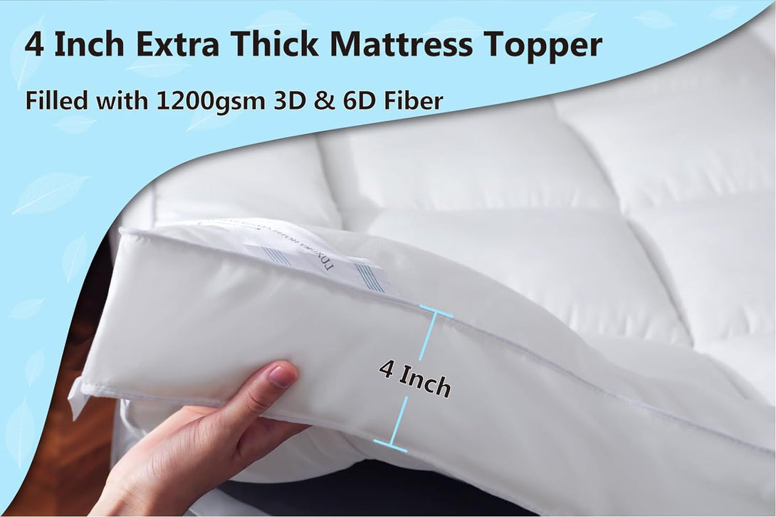 A hand lifts a BRIT DIAMOND Extra Deep Mattress Topper, showing its 10cm thickness and quilted, fluffy filling. Text highlights this hypoallergenic topper available in Single, Double, King, and Super King sizes.