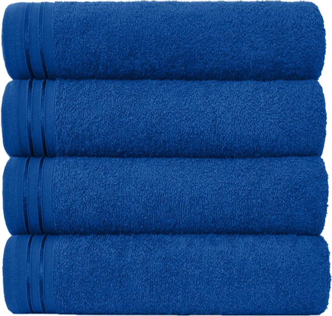 Four BRIT DIAMOND bath sheets, 100% cotton and highly absorbent, neatly stacked; each features a simple banded border. Available in packs of 2 or 4 in multiple colours.