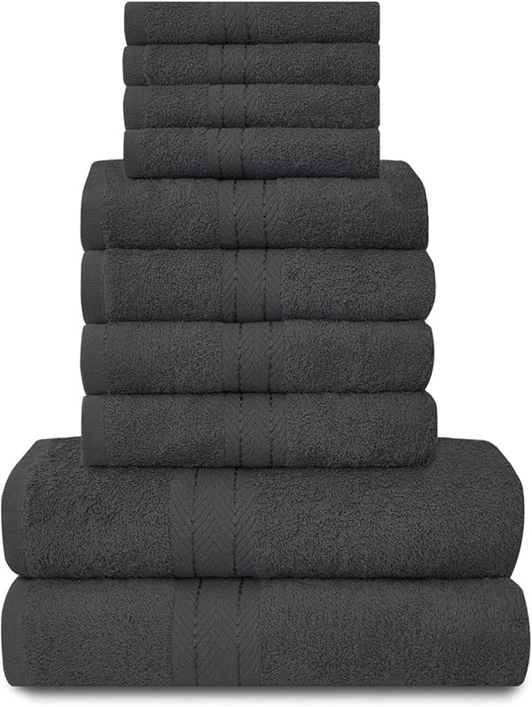 A neatly stacked BRIT DIAMOND 10-Piece Towel Set—100% cotton, quick-dry, highly absorbent and soft—featuring 4 face, 4 hand, and 2 bath towels arranged pyramid-style on a plain white background.
