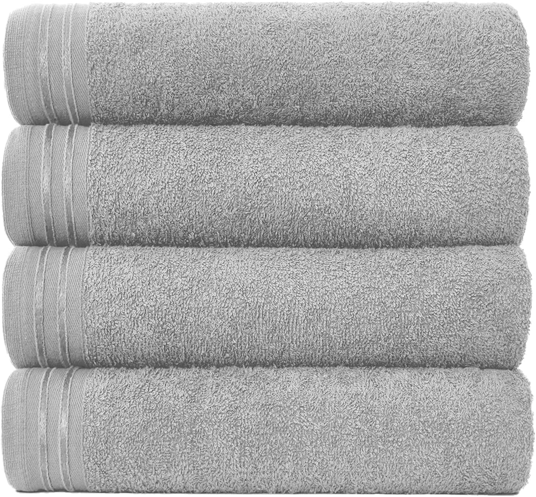 A Pack of 4 BRIT DIAMOND Soft & Absorbent Hand Towels, made from 100% cotton for a gentle touch, features neatly folded gray towels with aligned edges and decorative bands, perfect for your bathroom.