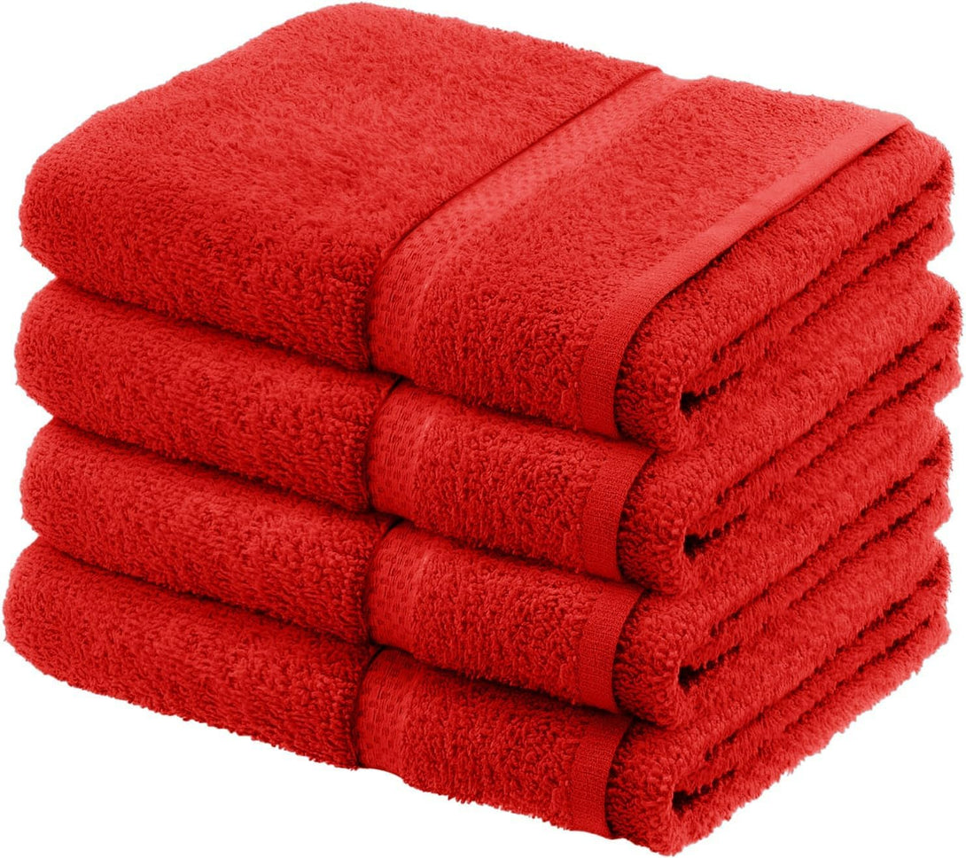 Four BRIT DIAMOND premium 100% cotton bath sheets, soft and absorbent, in bright red, neatly stacked against a white background. Available as a pack of 2 or 4 large towels in multiple colors.