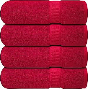 Four bright red BRIT DIAMOND bath sheets, 100% cotton and highly absorbent, are stacked against a plain background. Available in packs of 2 or 4 and multiple colors.