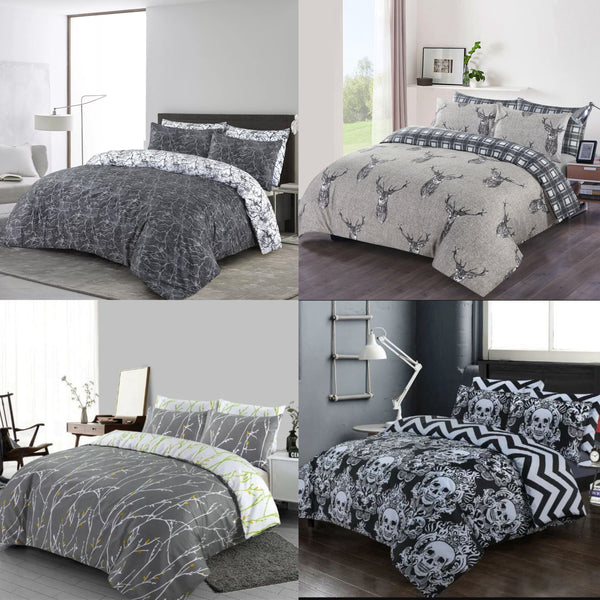 A collage of four BRIT DIAMOND Reversible Duvet Cover Sets (100% Cotton, 200TC) in marble, deer & snowflake, abstract yellow branches, and skull chevron prints—modern Double & Super King bedding for stylish bedrooms.