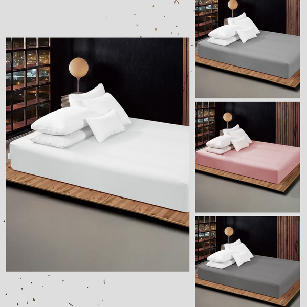Four images of the BRIT DIAMOND 30CM Deep Fitted Sheet—200TC Egyptian Cotton—in white, gray, pink, and dark gray, styled on a wooden platform bed with white pillows. A round lamp and shelves are visible in the background.