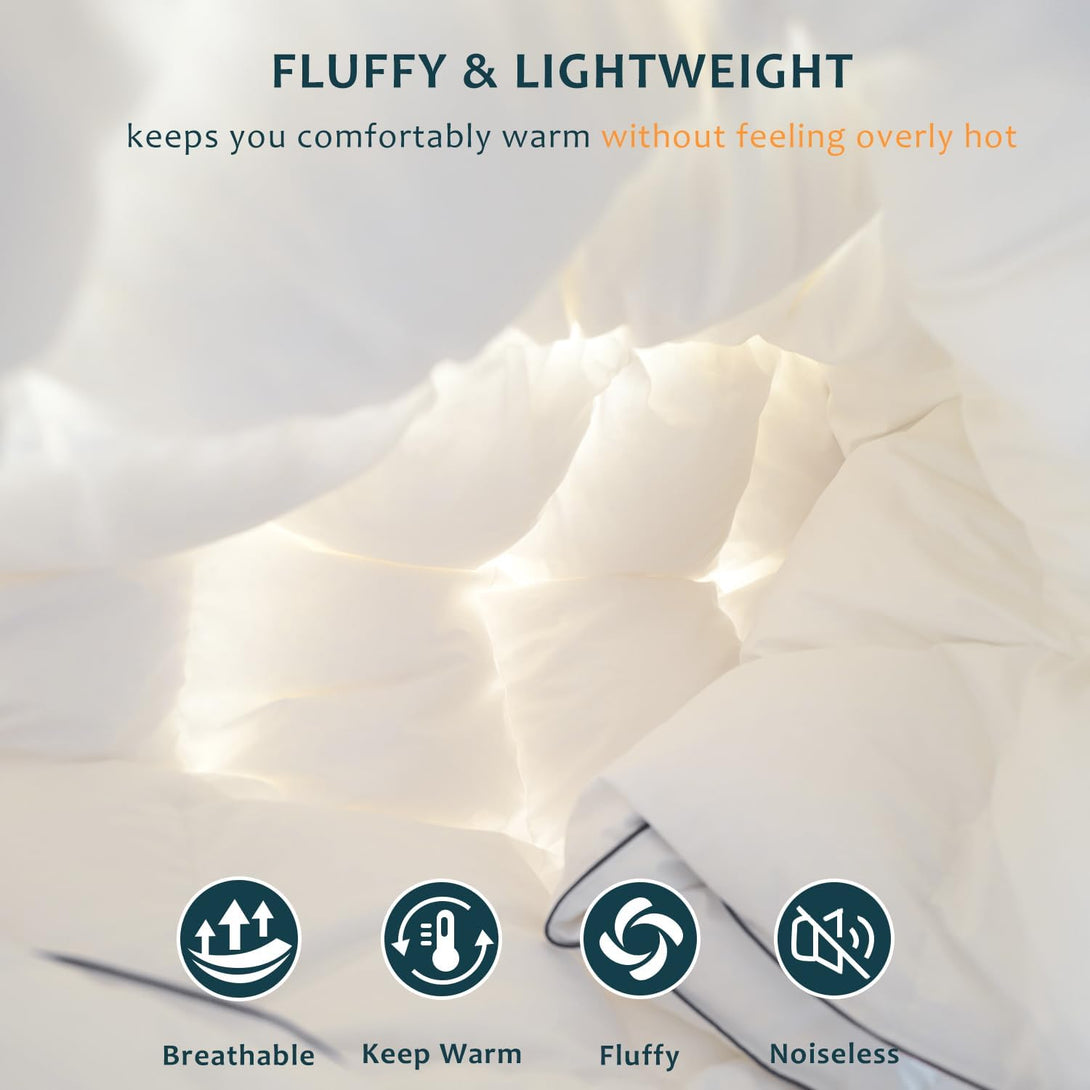 Close-up of the Premium Hotel Quality Duvet Deep Sleep Quilt by BRIT DIAMOND with sunlit folds. FLUFFY & LIGHTWEIGHT—keeps you comfortably warm without overheating. Icons: breathable, keeps warm, fluffy, and noiseless. Available in all UK sizes and togs (4.5–15).