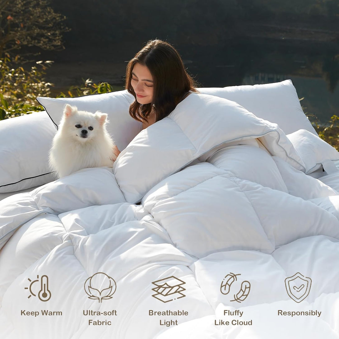 A woman and small white dog relax on a fluffy duvet outdoors. Snuggle up with the BRIT DIAMOND Premium Hotel Quality Duvet—ultra-soft, breathable, cloud-like comfort for deep sleep. Available in 4.5–15 Tog and all UK sizes.