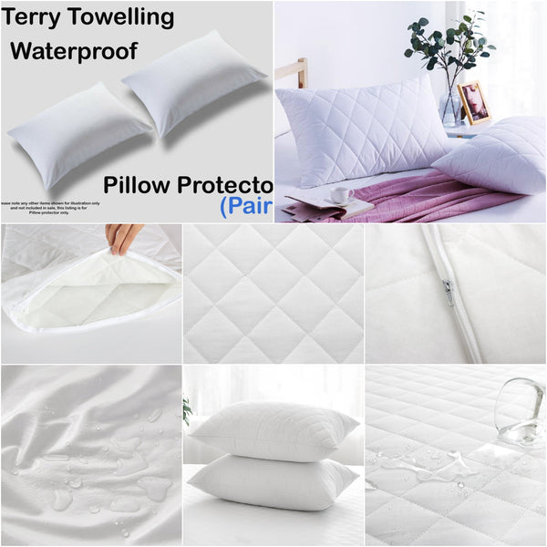 Collage of BRIT DIAMOND Pack of 2 Waterproof Quilted Pillow Protectors, showing close-ups of white 100% cotton covers, zip closure, water resistance, pillows on a bed, and two stacked pillows. Text: Breathable & Soft.