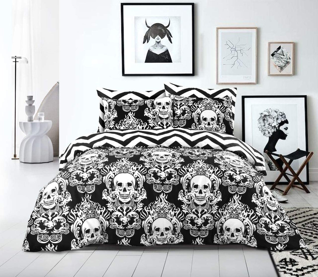 A modern bedroom with BRIT DIAMOND’s Reversible Duvet Cover Set, crafted from 100% cotton (200TC), showcases striking patterns and monochrome art. Minimalistic furniture and bright white decor create a sleek, contemporary vibe. Available in Double & Super King sizes.