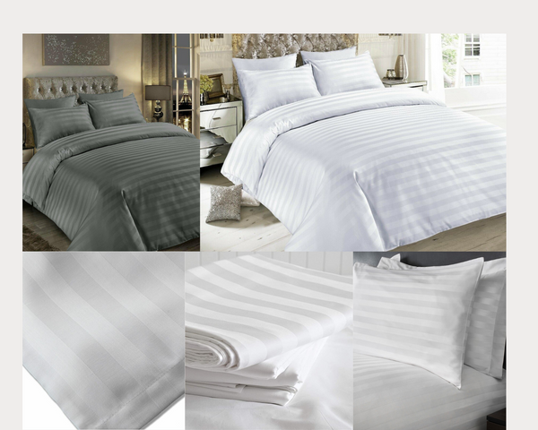 A collage shows two beds with BRIT DIAMOND Luxury 400 Thread Count Satin Stripe Bedding Duvet Sets in gray and white, plus three close-ups of the 100% Egyptian cotton texture, pillowcases, and folded sheets.