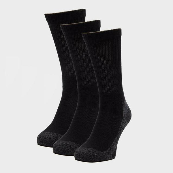 Three pairs of BRIT DIAMOND Men’s Work Socks—Durable, Cushioned, and All-Day Comfort for Tough Jobs—in black with dark gray reinforced heels and toes, displayed upright on a plain light gray background.