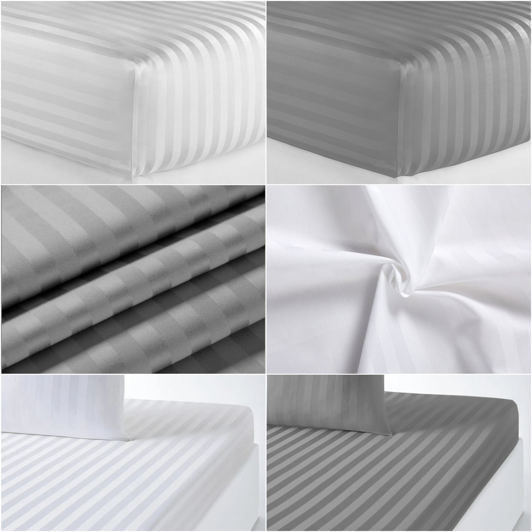 A collage of six images displays BRIT DIAMOND’s Stripe Extra Deep Fitted Sheet in 100% Egyptian cotton, 400TC, white and gray stripes, with close-ups of the fabric, deep corners, and detailed stripe texture and sheen.