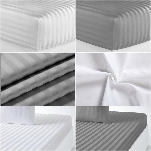 A collage of six images displays BRIT DIAMOND’s Stripe Extra Deep Fitted Sheet in 100% Egyptian cotton, 400TC, white and gray stripes, with close-ups of the fabric, deep corners, and detailed stripe texture and sheen.
