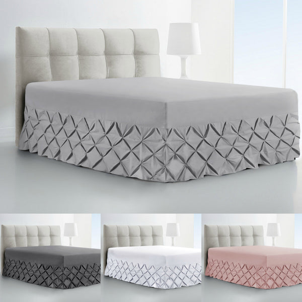 Transform your bedroom with the BRIT DIAMOND Luxury Fitted Pintuck Valance Sheet. Made of 100% Egyptian cotton, it’s available in single to super king sizes and four colors—dark gray, white, light gray, pink—all with elegant geometric pintuck design.