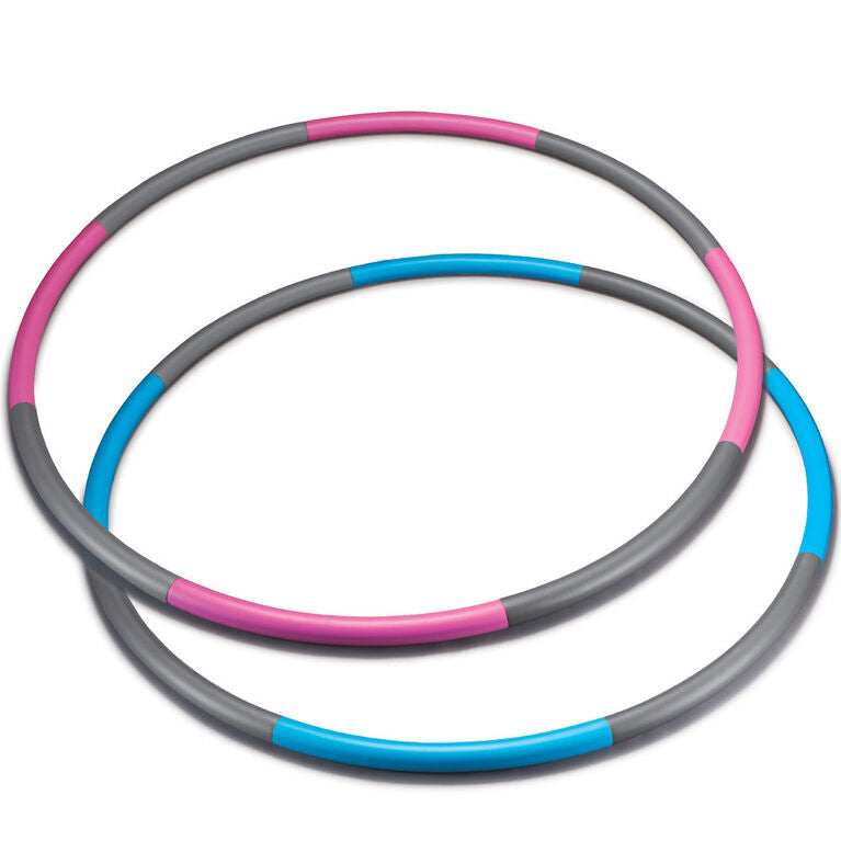 Two BRIT DIAMOND Exercise Hula Hoops for Adults, adjustable and weighted for core and cardio workouts, lie overlapping on a white surface—one with pink and gray, the other with blue and gray segments.