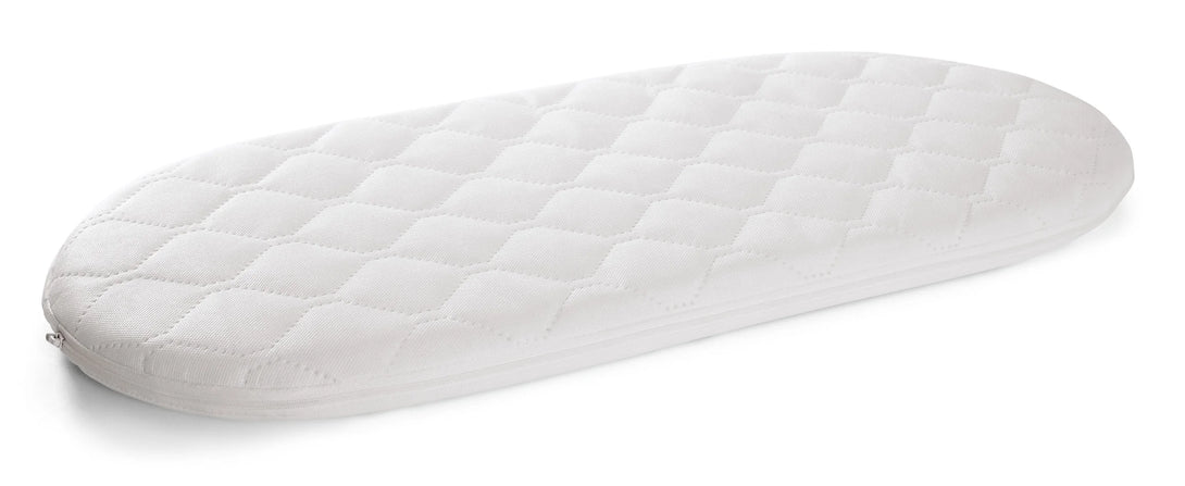 The BRIT DIAMOND Premium Baby Moses Basket Foam Mattress features a soft, breathable, and hypoallergenic oval-shaped design with a diamond-quilted cover, perfect for newborns. Shown on a plain white background.