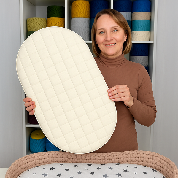 A smiling woman in a brown turtleneck holds the BRIT DIAMOND Premium Baby Moses Basket Foam Mattress, which is soft, breathable, and safe for newborns, in a room with colorful yarn on shelves and a star-patterned changing mat in front.