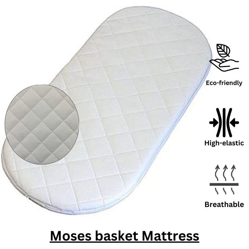 The BRIT DIAMOND Premium Baby Moses Basket Foam Mattress features a soft, white quilted, hypoallergenic cover with rounded edges. Eco-friendly, high-elastic, and breathable icons are shown. A close-up highlights its quilted texture.