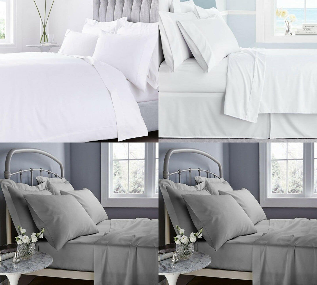 A split image shows four modern bedrooms: the top two beds have crisp white BRIT DIAMOND 400TC Egyptian cotton fitted sheets, while the bottom two display smooth gray luxury hotel-quality linens, all with extra deep 40cm fits.