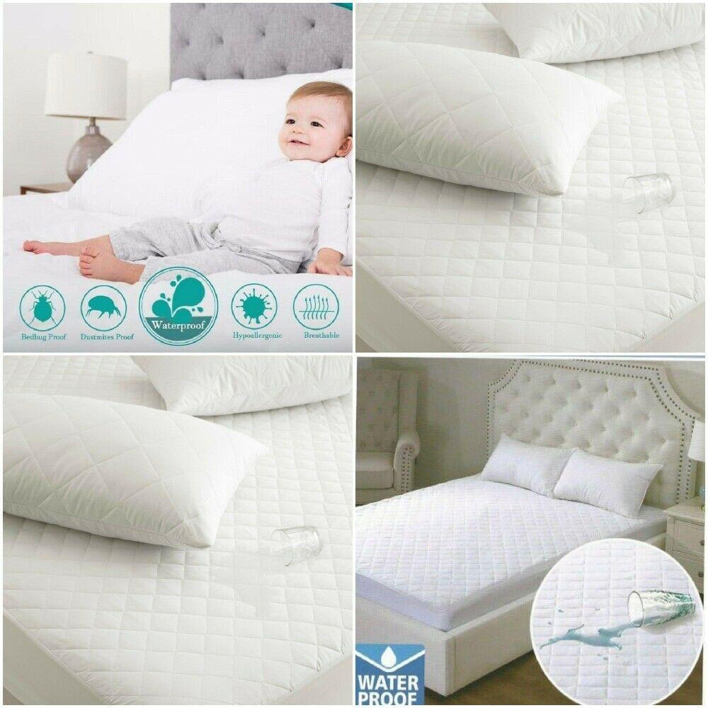 A baby sits on the BRIT DIAMOND Extra Deep 100% Waterproof Quilted Mattress Protector. Close-ups show its waterproof design, protection from spills, compatibility with various bed sizes, and that its machine washable.
