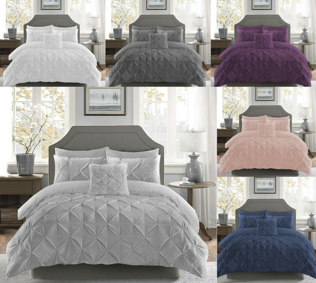 A collage showcases six beds, each with a BRIT DIAMOND Pintuck Duvet Set in white, gray, purple, light pink, or navy blue, plus a central white Egyptian cotton duvet cover—all featuring a geometric pintuck design in a bright bedroom.