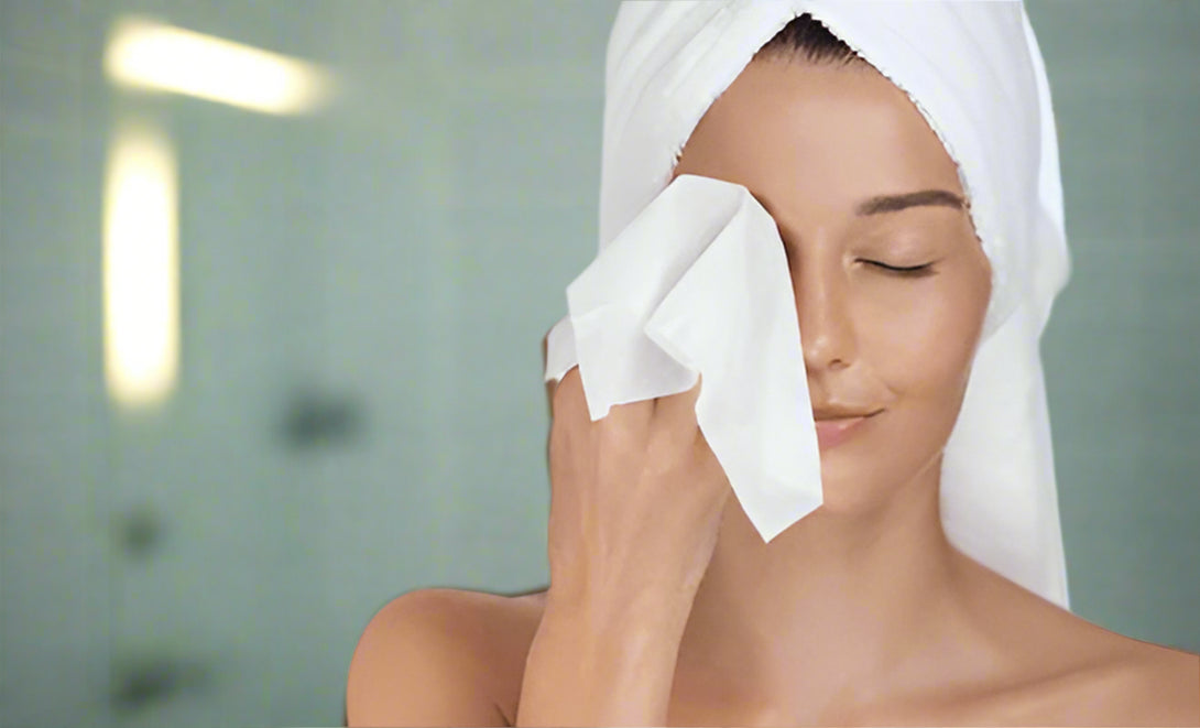 A woman with a towel wrapped around her head gently wipes her face with a BRIT DIAMOND 100% Cotton Quick-Dry Face Towel from the Pack of 4 Soft & Absorbent Towels, available in multiple colours, as part of her daily skincare routine.